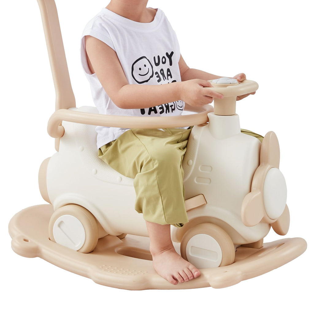 5 in 1 Rocking Horse for Toddlers 1-3 Years, Baby Rocking Horse with Trampoline, Detachable Balance Board, Push Handle and 4 Smooth Wheels, Support to 80lbs Kids Ride on Toy, White