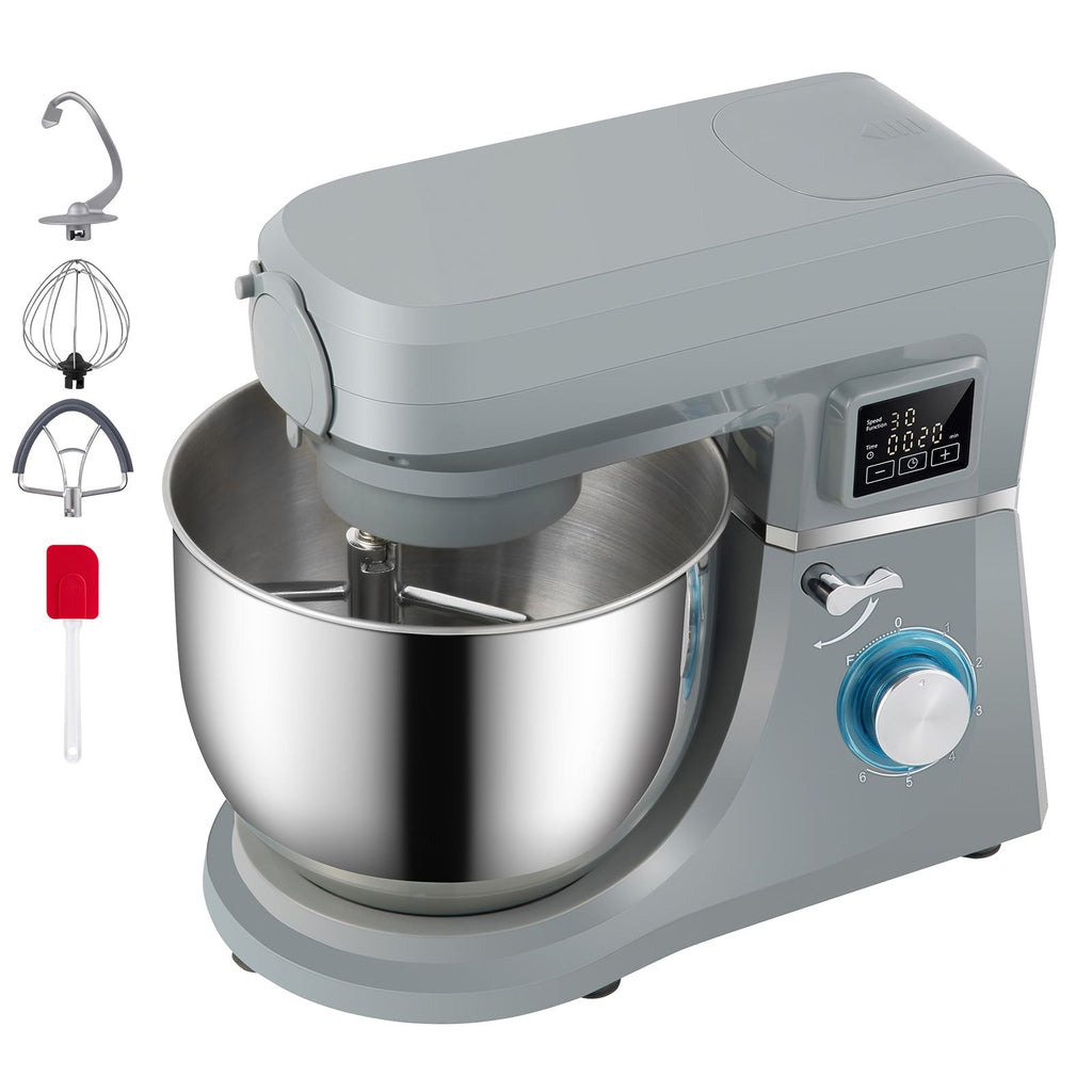 5 IN 1 Stand Mixer, 660W Tilt-Head Multifunctional Electric Mixer with 6 Speeds LCD Screen Timing, 7.4 Qt Stainless Bowl, Dough Hook, Flat Beater, Whisk, Scraper, Meat Grinder, Juice Cup - Gray