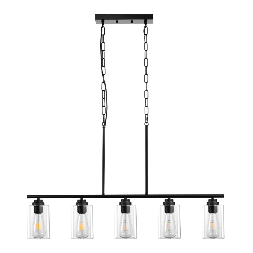 5-Light Kitchen Island Pendant Lights, 60W, Adjustable Dining Room Light Fixture with Clear Glass Lampshade 4 Rods 2 Metal Chains, Metal Frame Farmhouse Linear Chandeliers for Dining Room, E26