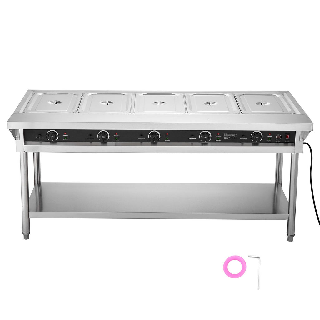 5-Pan Commercial Food Warmer, Electric Steam Table with Independent Temperature Control, 750W x 5 Stainless Steel Buffet Catering Food Warmer with Undershelf and Workspace, for Restaurant