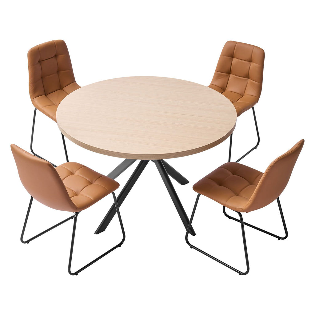 5-Piece Dining Table Set, Space-Saving Round Kitchen Table with 4 Upholstered Orange Chairs, PU Leather Cushions, Modern Wood-Tone Desk with Adjustable Foot Pads for Dining Room, Small Spaces