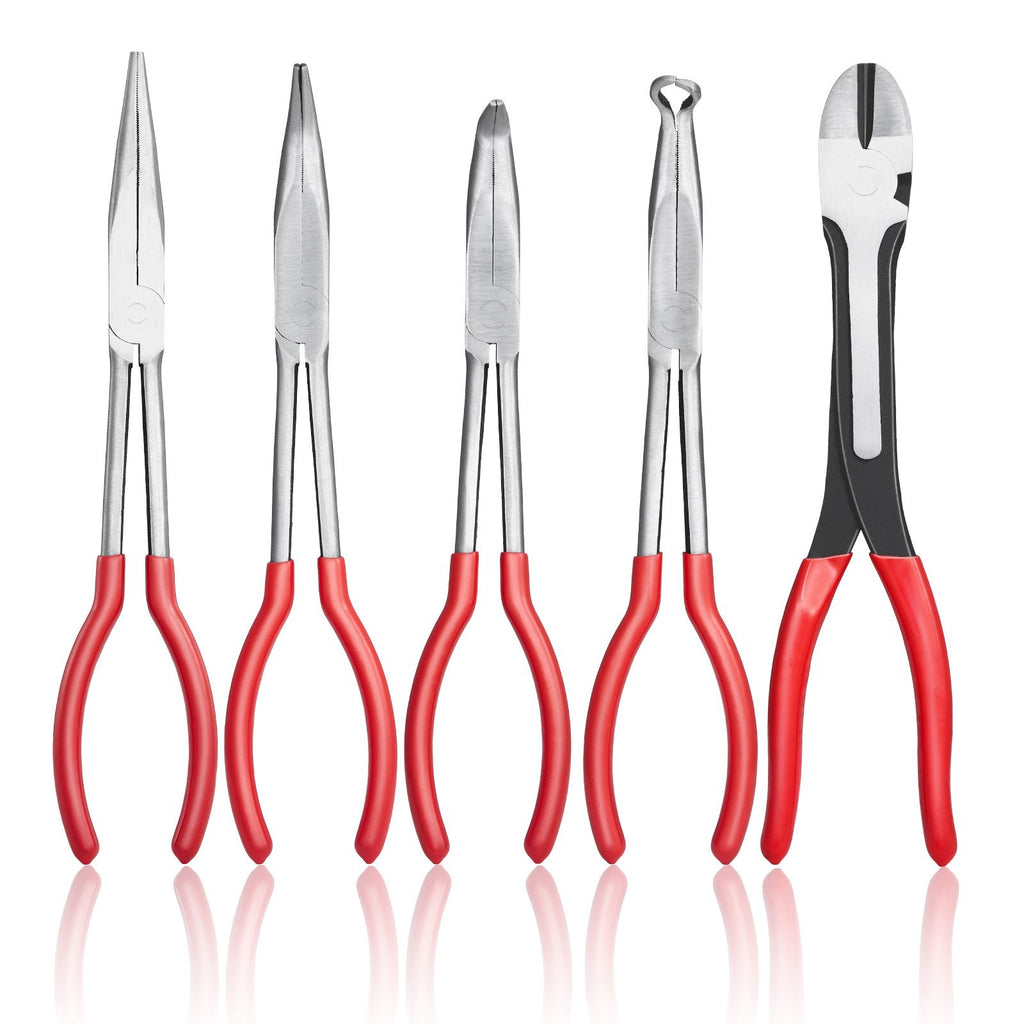 5-Piece Needle Nose Pliers, 11 in Long Needle Nose Pliers Set, Diagonal Cutting Pliers, 45°/ 90° Bent Nose Plier, Round Nose Plier, Long Nose Plier, Professional Pliers Set with Storage Bag