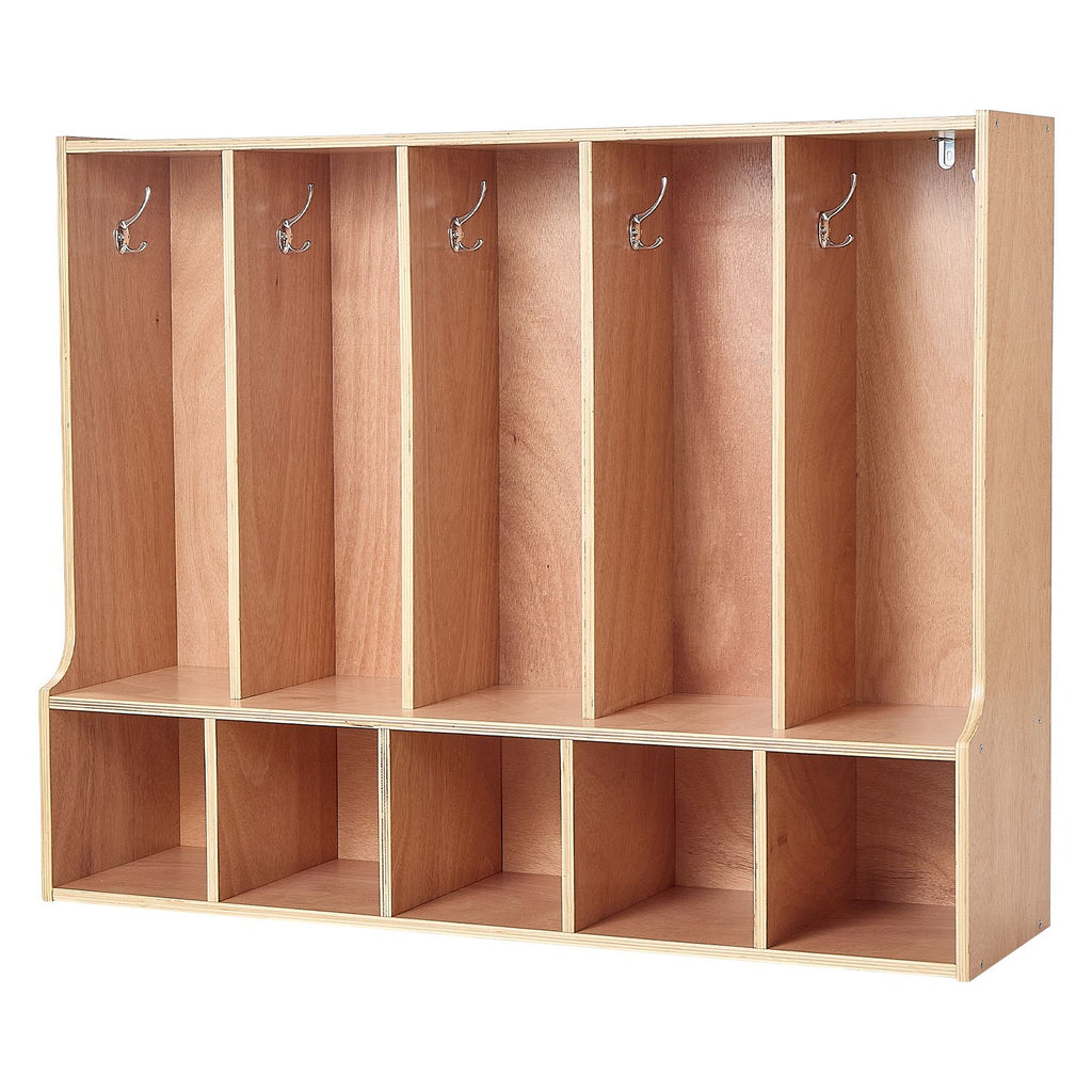 5-Section Kids Coat Locker, Wooden Toddler Cubby Storage Organizer with 10 Hooks & Non-Slip Mat, Modern Kid Coat Cubbies with 5 Small Open Storage Boxes for Home, Kindergarten, Daycare, Natural