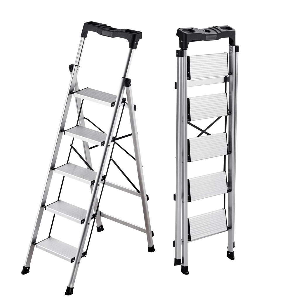 5 Step Ladder, Folding Step Stool with Wide Anti-Slip Pedal and Comfort Handgrip, 330 lbs Capacity Portable Aluminum Stepladder, Multi-Use for Kitchen, Warehouse, Household and Office, Silver