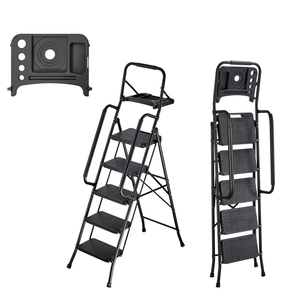 5 Step Ladder, Folding Step Stool with Wide Anti-Slip Pedal, Tool Tray, Dual Side Handrails, 600 lbs Capacity Portable Steel Ladder, Multi-Use for Kitchen, Home, Household and Office, Black