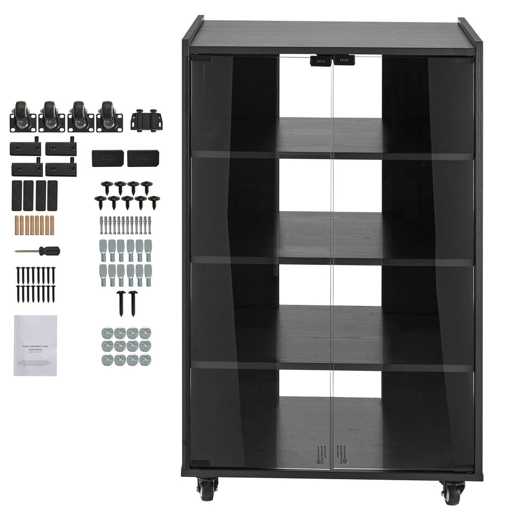 5-Tier AV Media Stand with Wheels, Wooden Audio-Video Media Stand for DVD Players/Cable Boxes/Games Consoles, Height-Adjustable Media Storage Cabinet for Gaming, Recording Room, Black