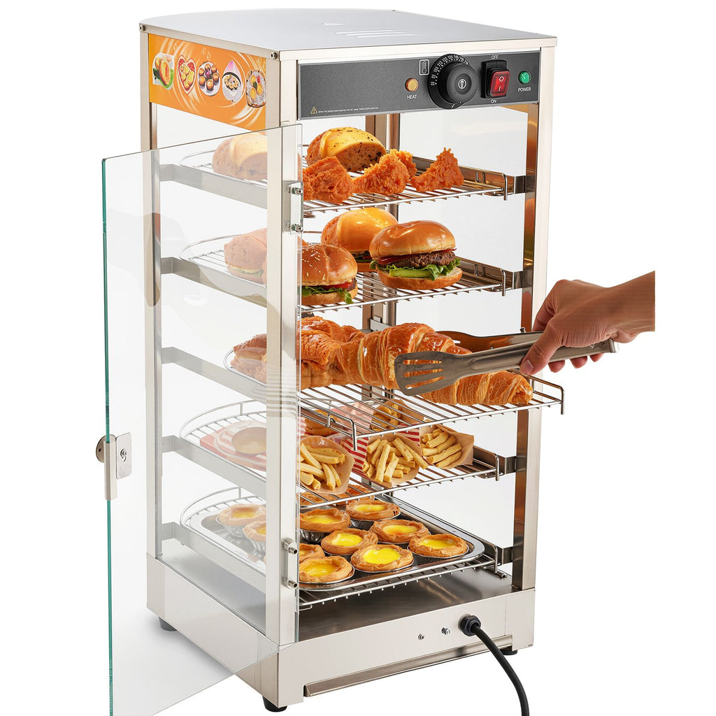 5-Tier Commercial Food Warmer Display, 800W Food Display Warmer with LED Light, Adjustable Shelf and Stainless Steel Frame, 86-185 F Air Heating, 60L for Hamburger, Pizza, Bread, Fried Chicken