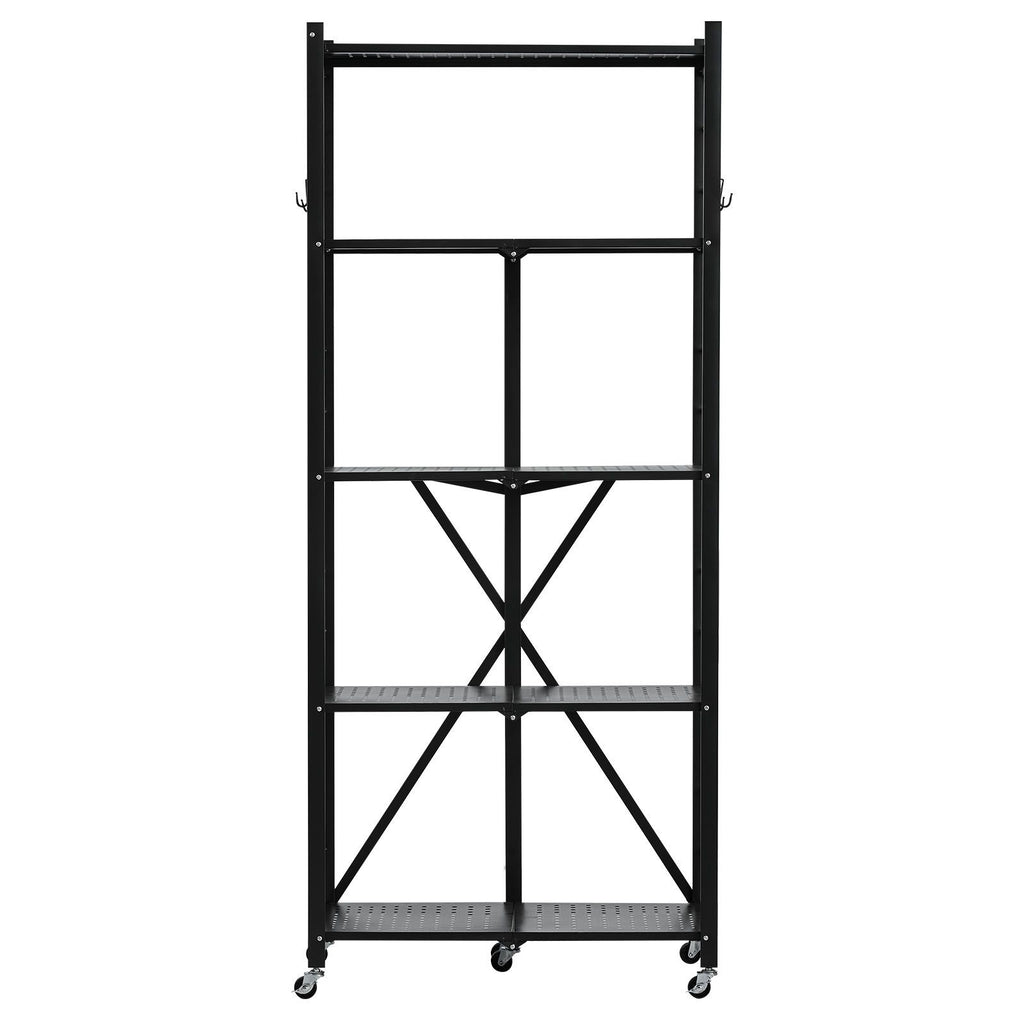 5-Tier Foldable Storage Shelf, 28W x 13D x 66H Inch Folding Metal Rack Shelving Unit, No Assembly Organizer Shelf with 5 Wheels & 4 Hooks for Pantry, Kitchen, Garage, Basement, Black