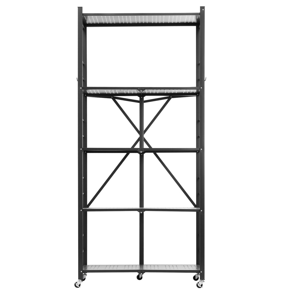 5-Tier Foldable Storage Shelf, 32W x 14D x 72H Inch Folding Metal Rack Shelving Unit, No Assembly Organizer Shelf with 5 Wheels & 4 Hooks for Pantry, Kitchen, Garage, Basement, Black