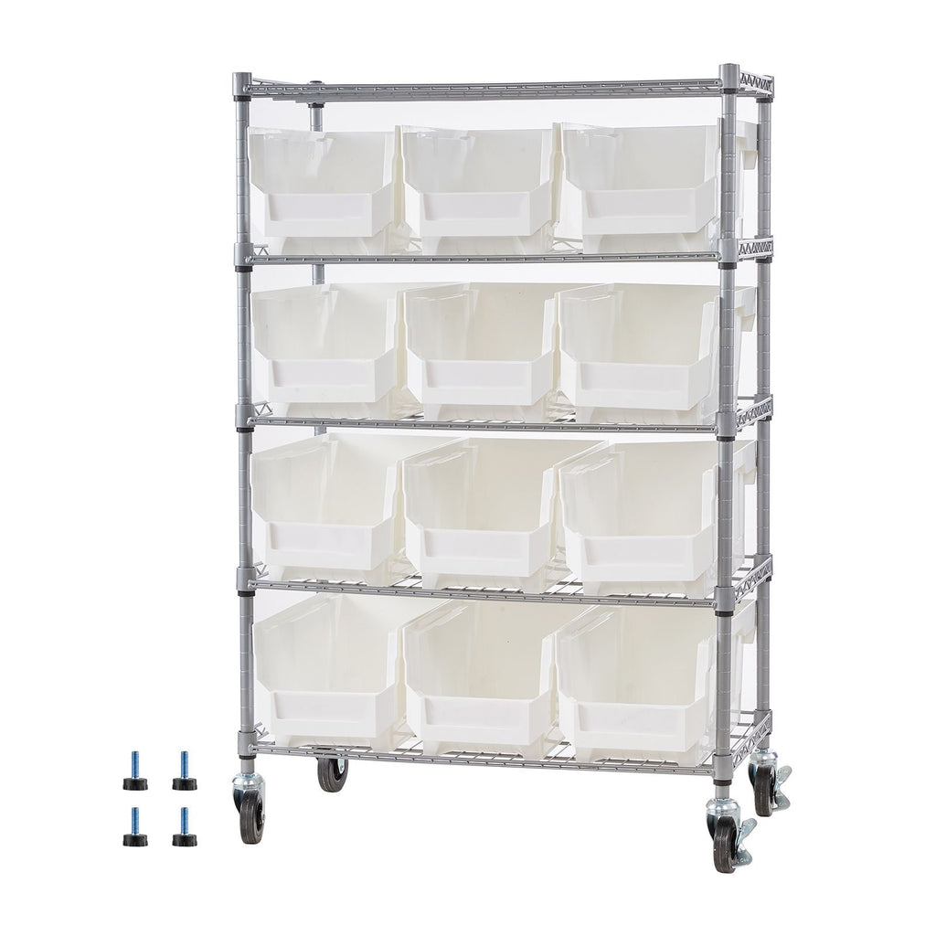 5-Tier Rolling Bin Storage Rack, 12 Organizer Bins, Bin Rack Storage Steel Wire Shelving System with Wheels, Mobile Tool Organizer for Garage, Warehouse, Office, Restaurant, Classroom, Kitchen