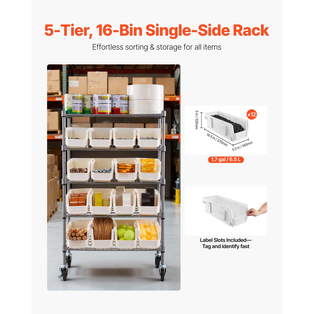 5-Tier Rolling Bin Storage Rack, 16 Organizer Bins, Bin Rack Storag ...