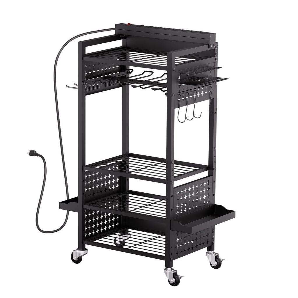 5-tier Tool Organizer Cart with Charging Station, 8 AC Outlet, Floor Stand Rolling Drill Holder and Tool Battery Storage Rack on Wheels, Garage Floor Rolling Storage Cart for Workshop, Garage