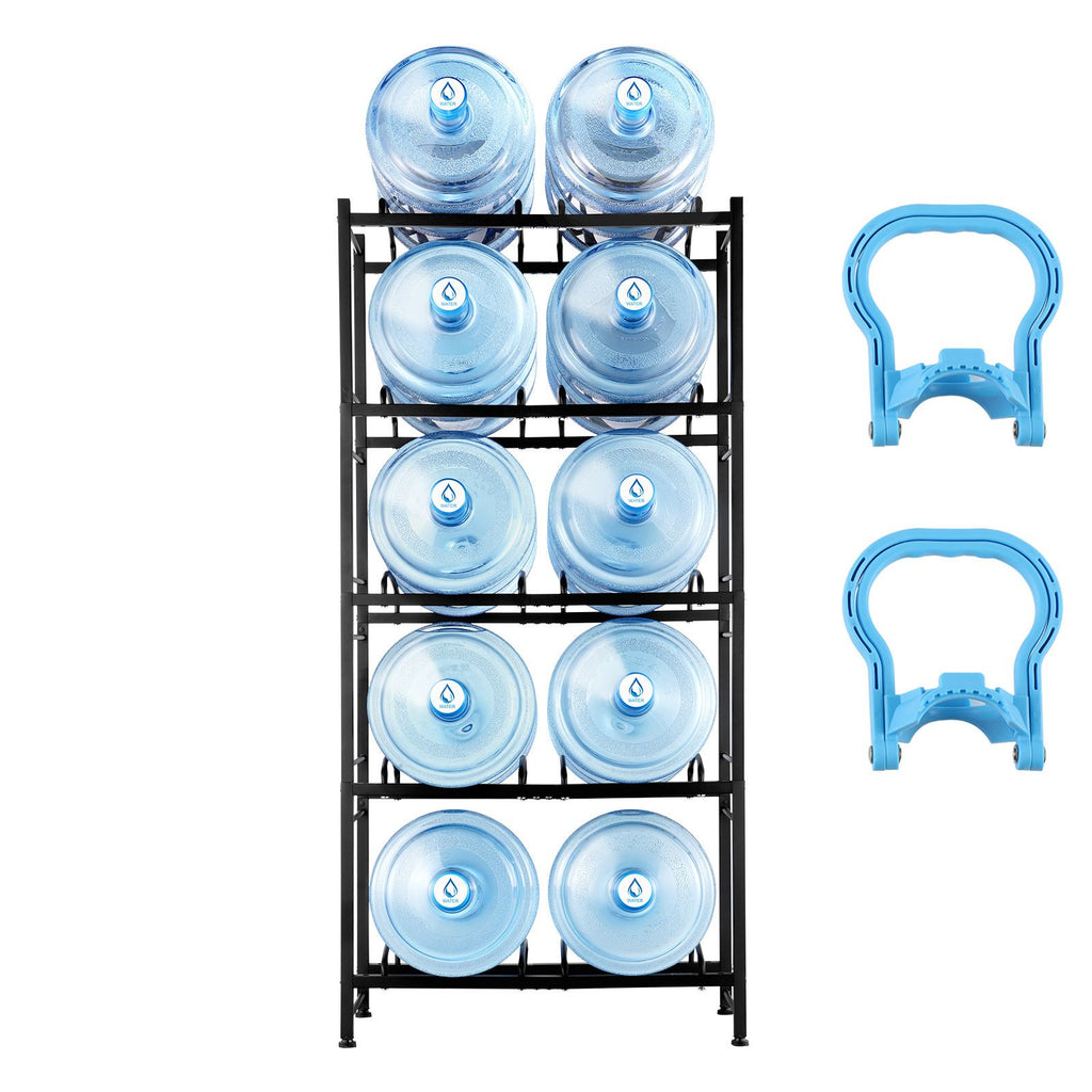 5 Tiers Water Jug Holder, 5 Gallon Water Bottle Holder, Double Row Water Bottle Rack for 10 Bottles, Heavy Duty Water Jug Rack for Kitchen, Office, Living Room, Black