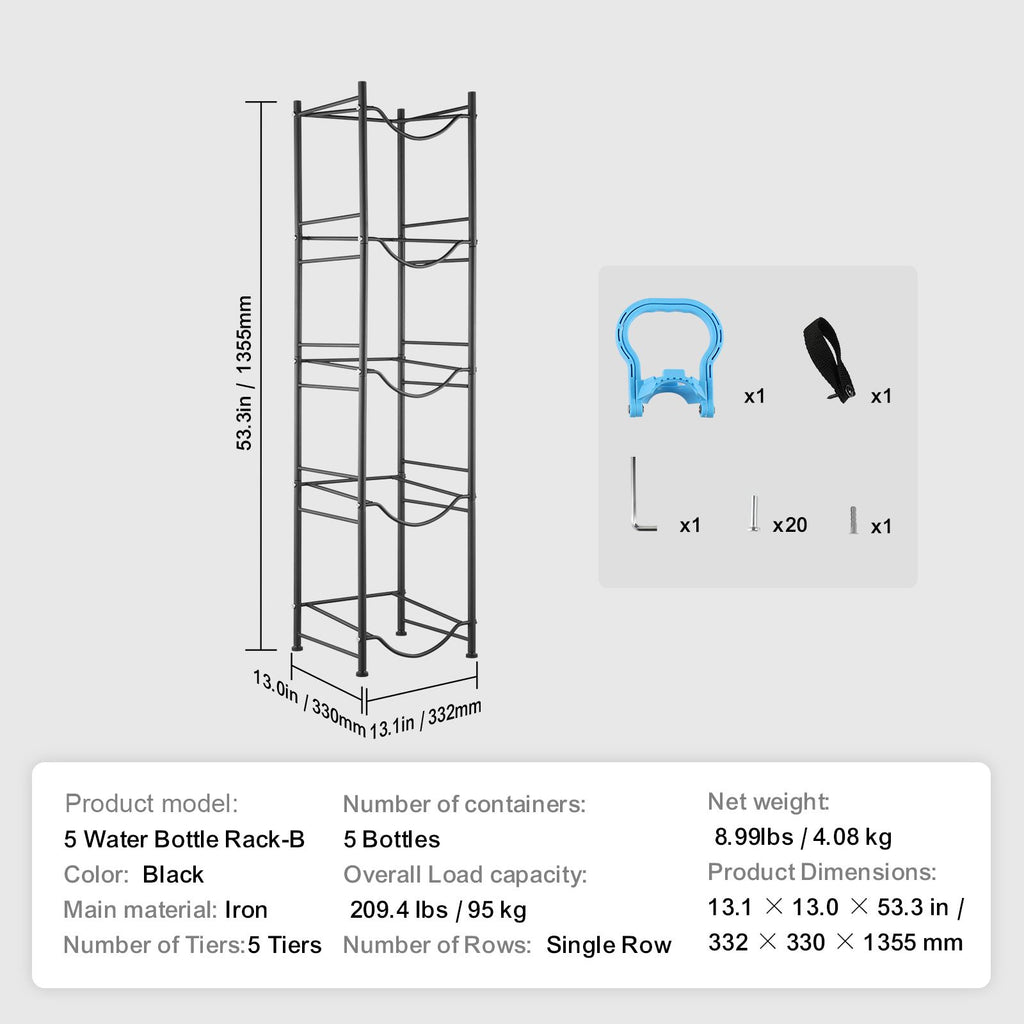 5 Tiers Water Jug Holder, 5 Gallon Water Bottle Holder, Single Row Water Bottle Rack for 5 Bottles, Heavy Duty Water Jug Rack for Kitchen, Office, Living Room, Black image 2
