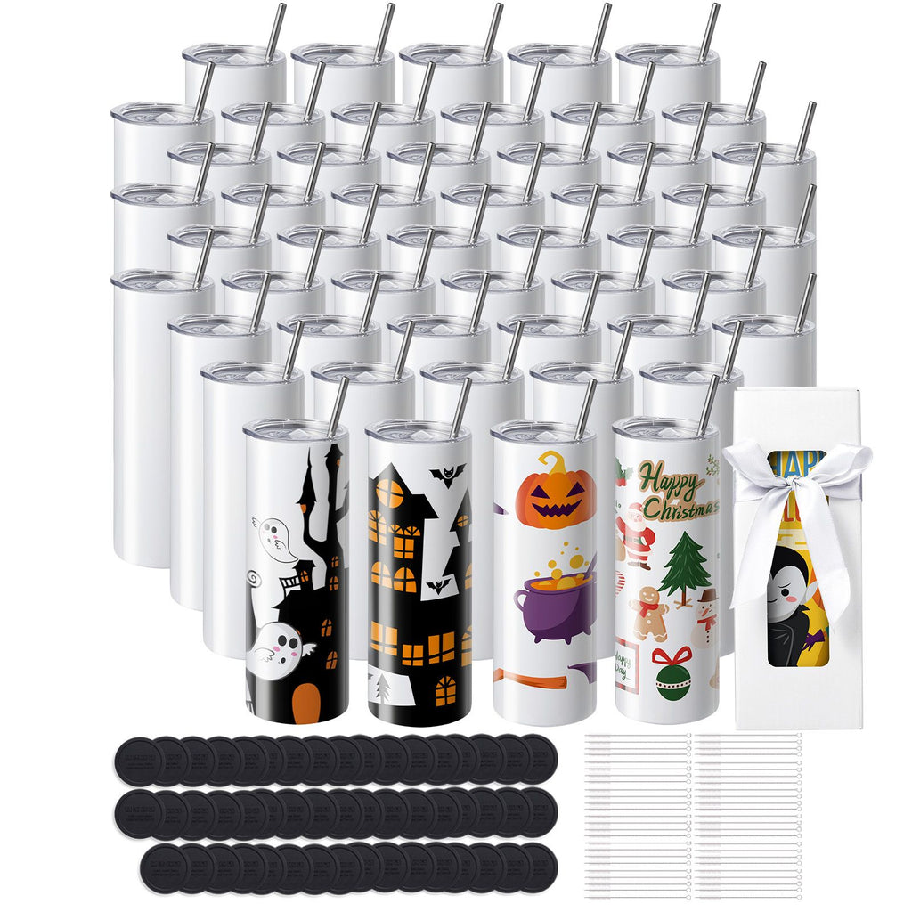 50 Pack Sublimation Tumblers 20oz Skinny Straight, Stainless Steel Sublimation Tumblers Blank, Stainless Steel Double Wall Tumbler for Heat Transfer Customized Gifts with Lid and Straw, Gift Box