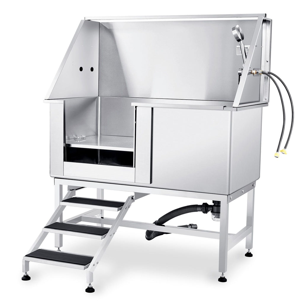 50" Pet Dog Bathing Station w/Stairs, Professional Stainless Steel Dog Grooming Tub w/ Soap Box, Faucet,Rich Accessory, Dog Bathtub for Large,Medium,Small Pets, Washing Sink for Home Left
