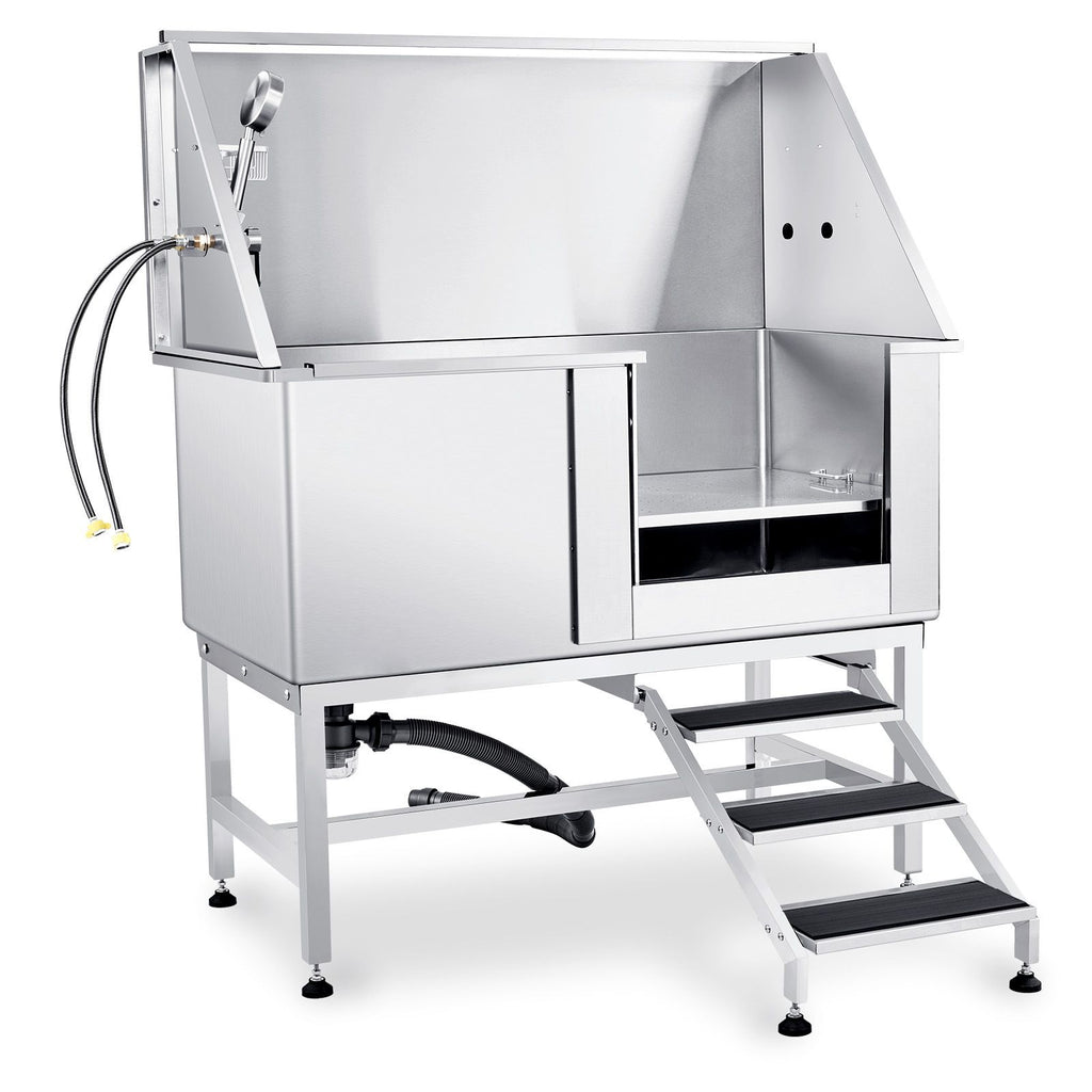 50" Pet Dog Bathing Station w/Stairs, Professional Stainless Steel Dog Grooming Tub w/ Soap Box, Faucet,Rich Accessory, Dog Bathtub for Large,Medium,Small Pets, Washing Sink for Home Right