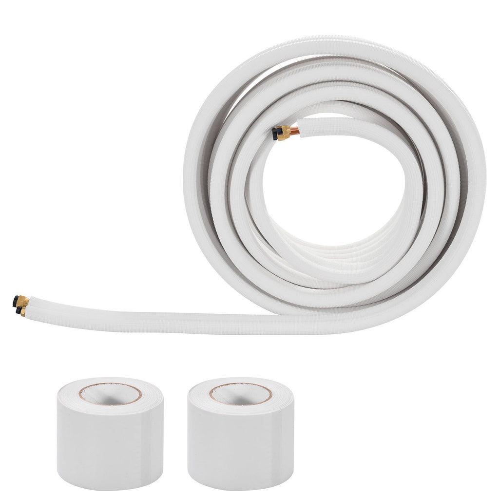 50ft Mini Split Line Set, 1/4' & 1/2' OD AC Copper Tubing Pipe, 3/8 White PE Thickened Insulated Coil with Flared Nuts, Strapping Tapes, for Mini Split Air Conditioner HVAC or Heat Pump System