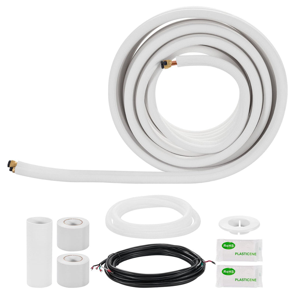50ft Mini Split Line Set, 1/4' & 3/8' OD AC Copper Tubing Pipe, 3/8 White PE Thickened Insulated Coil with Flared Nuts, Rich Fittings, for Mini Split Air Conditioner HVAC or Heat Pump System