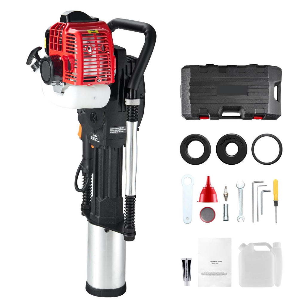 52cc Gas-Powered T Post Driver, 2-Stroke Engine Gasoline Fence Piling Pounder, 1300W Portable Piledriver with 3 Post Driving Head(49/69/100 mm) , For Farm, Ranch Fencing, Road Improvements