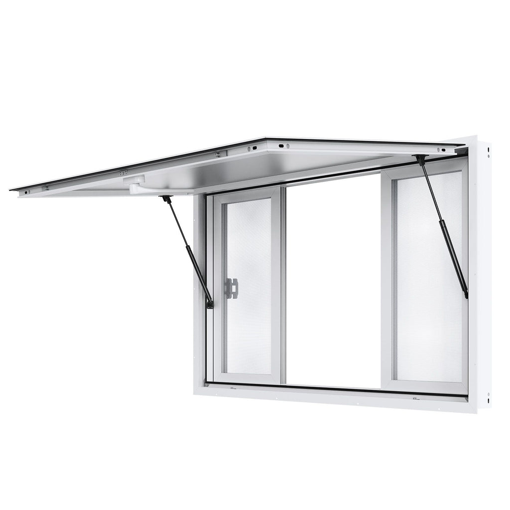 53"x33" Service Window, Aluminum Food Truck Serving Window with 4 Sliding Panels, Awning Door & Hook, Opens to 85 Degrees for Concession Trailers