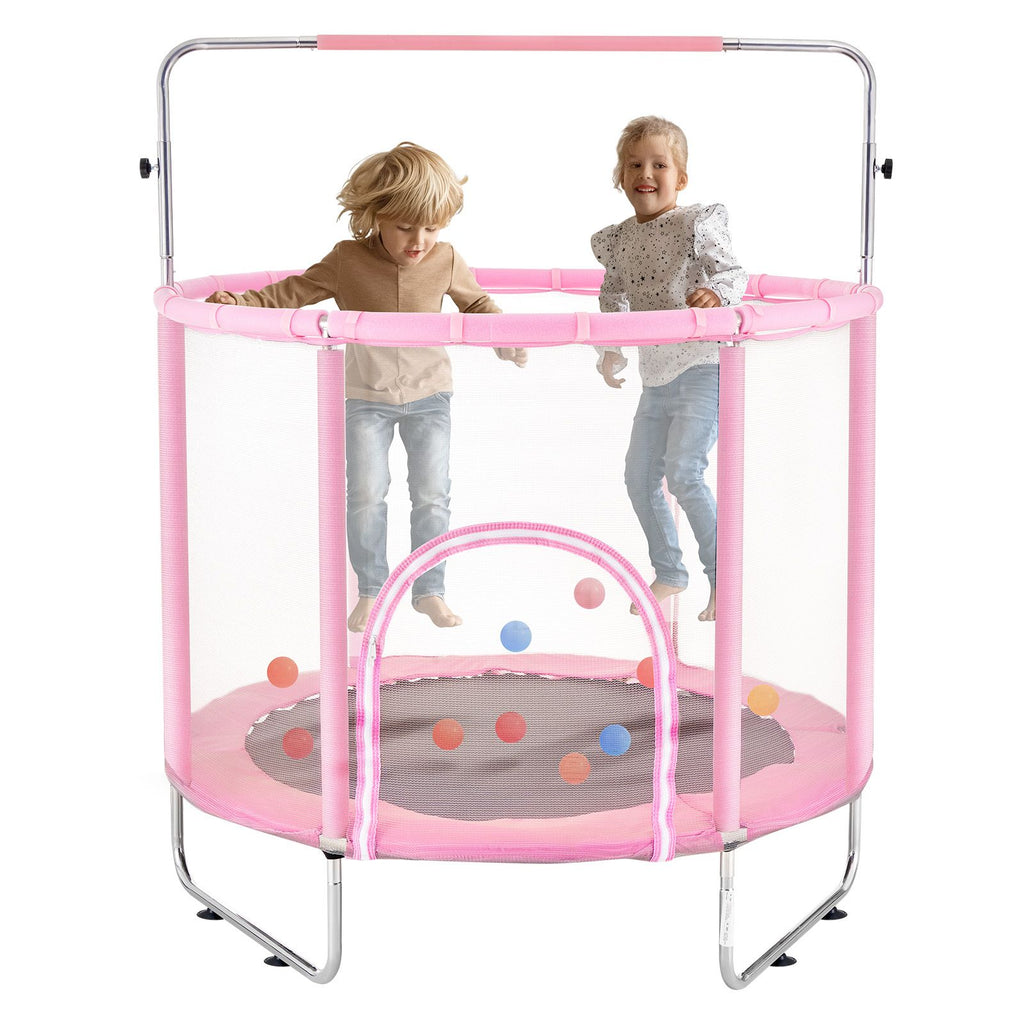 55" Kids Trampoline, 4.6FT Indoor Outdoor Trampoline, Mini Toddler Recreational Trampolinewith Safety Enclosure Net and Basketball Hoop, Birthday Gifts Christmas Toys for 3+ Years Children, Pink