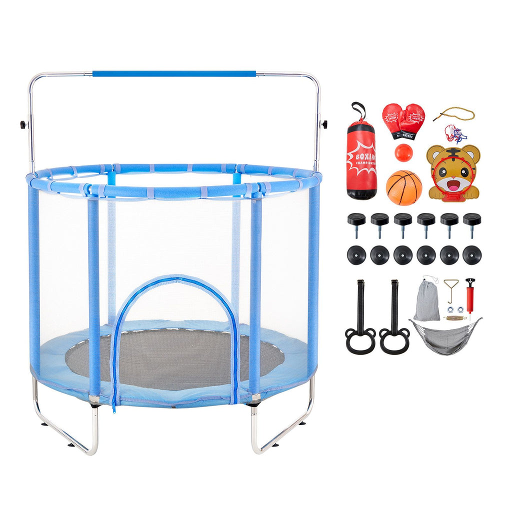 55" Kids Trampoline, 4.6FT Indoor Outdoor Trampoline, Mini Toddler Recreational Trampolinewith Safety Enclosure Net and Basketball Hoop, Birthday Gifts Christmas Toys for 3+ Years Children, Blue