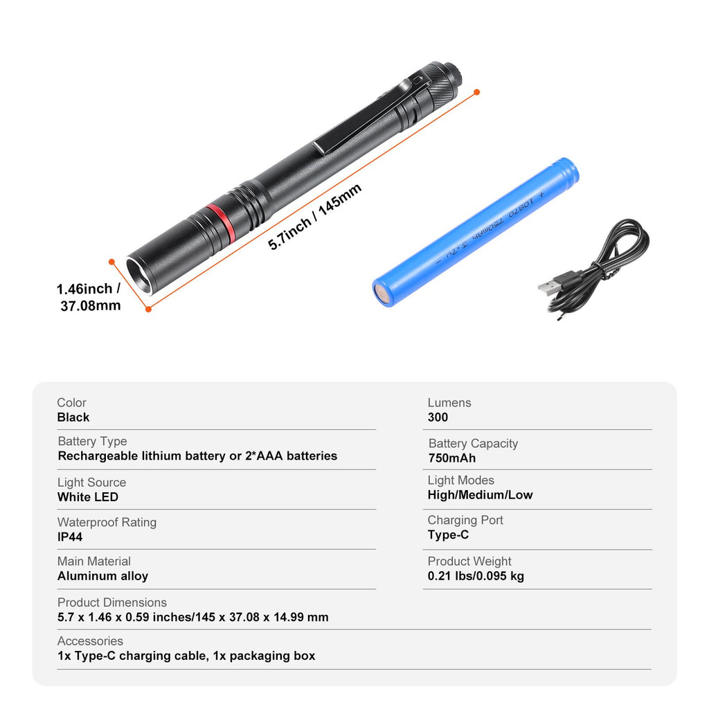 5.9 Inch Rechargeable Penlight, 300 lumens 3 Lighting Modes Pocket Pen Light, Adjustable Focus, IP44 Waterproof, Aluminum Alloy for Camping, Reading, Repairing, Night Walking