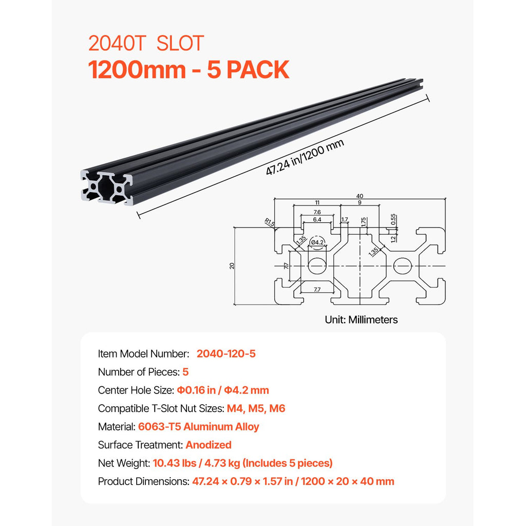 5PCS 47.2 in (1200mm) T Slot 2040 Aluminum Extrusion Profile, European Standard Anodized Linear Rail, High-Strength Extruded Aluminum Rail for 3D Printer, CNC Machine DIY, Laser Engraving, Black