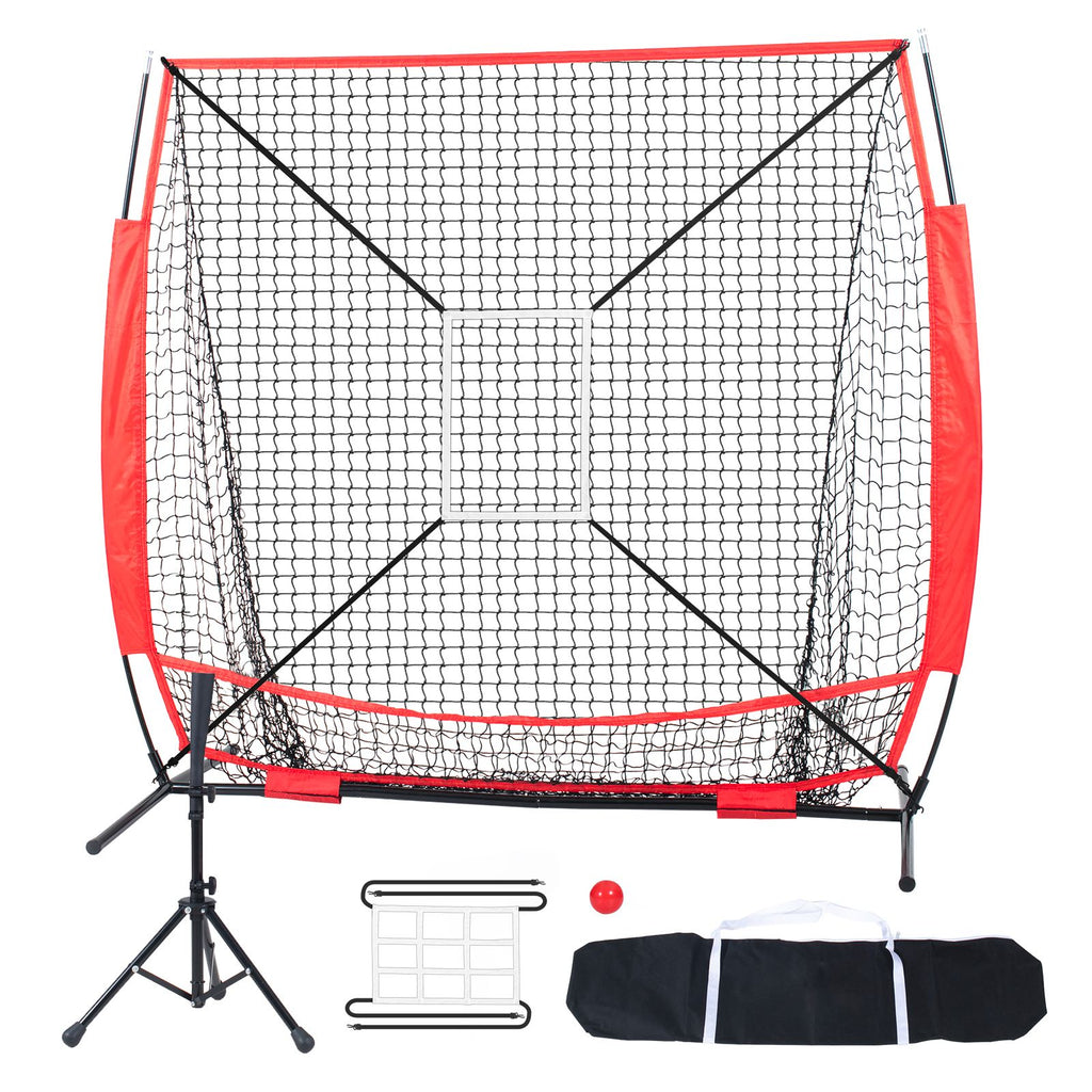 5x5 ft Baseball Softball Practice Net, Portable Baseball Training Net for Hitting Batting Catching Pitching, Backstop Baseball Equipment with Bow Frame, Carry Bag, Strike Zone, Ball, Batting Tee