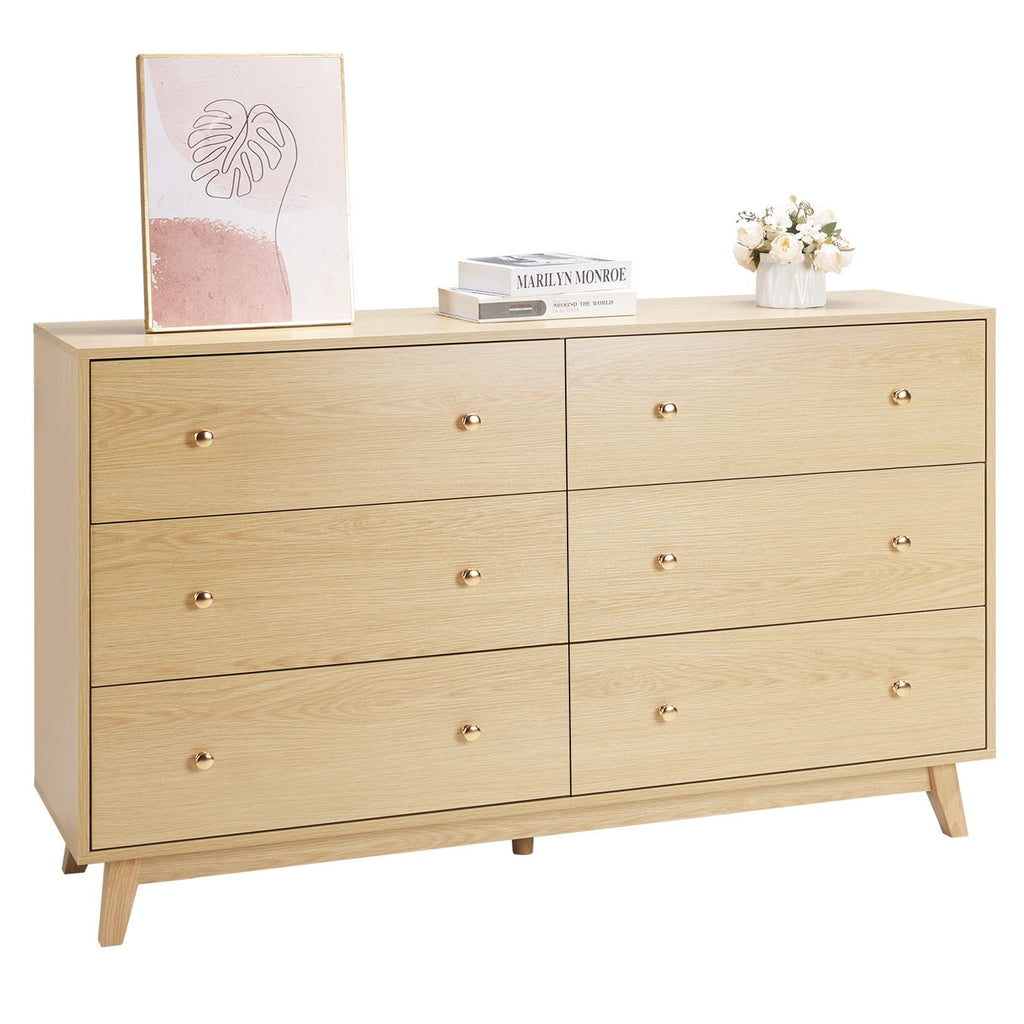 6 Drawer Dresser, Wooden Chest of Drawers with Sliding with Anti-tip Device, Modern Minimalist Dresser Chest, Closet Storage Organizer for Living Room, Hallway, Bedroom, Entryway, Light Wood