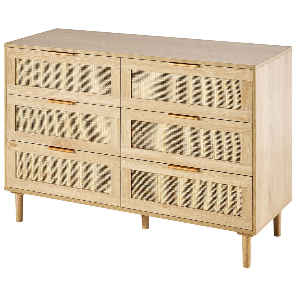 6 Drawer Rattan Dresser, Boho Dresser, Rattan Chest of Drawers with Spacious Storage, Natural Rattan Dresser for Bedroom, Living Room & Hallway,Rattan Nightstand with Sturdy Handles&Legs, Brown