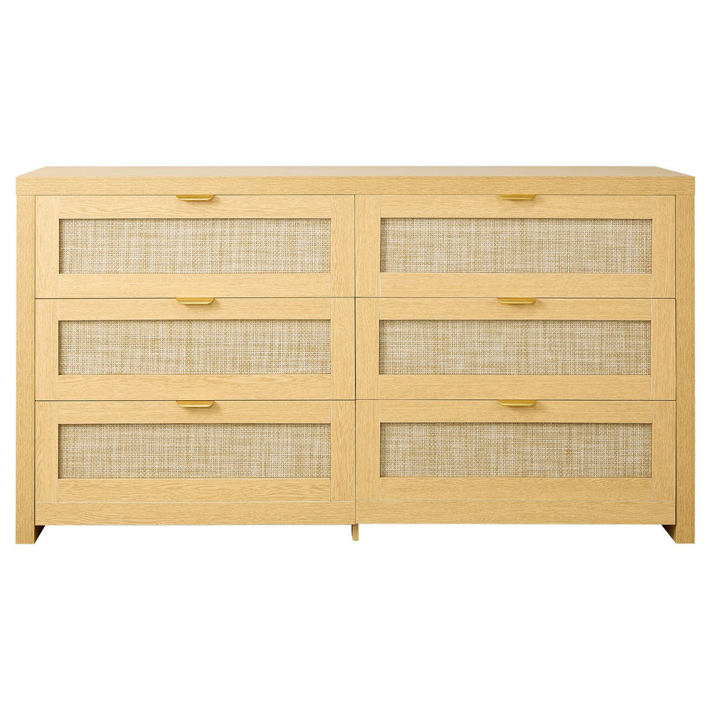 6 Drawer Rattan Dresser, Double Dresser for Bedroom, Natural Rattan Chest of Drawer with Metal Handle, Modern Wood Chest Clothing Organizer & Storage for Bedroom, Living Room, Hallway, Burlywood