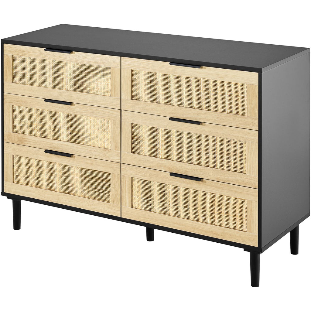 6 Drawer Rattan Dresser, Natural Rattan Closet Dresser with 6 Drawers, Modern Wood Chest Clothing Organizer & Storage Boho Dresser with Sturdy Handles & Legs, for Bedroom, Living Room & Hallway
