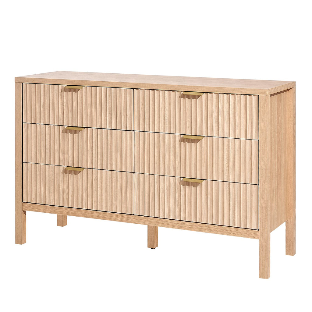 6 Fluted Drawer Dresser, Wooden Chest of Drawers with Sliding & Anti-tip Device, Modern Minimalist Dresser Chest, Closet Storage Organizer for Living Room, Hallway, Entryway, Light Wood