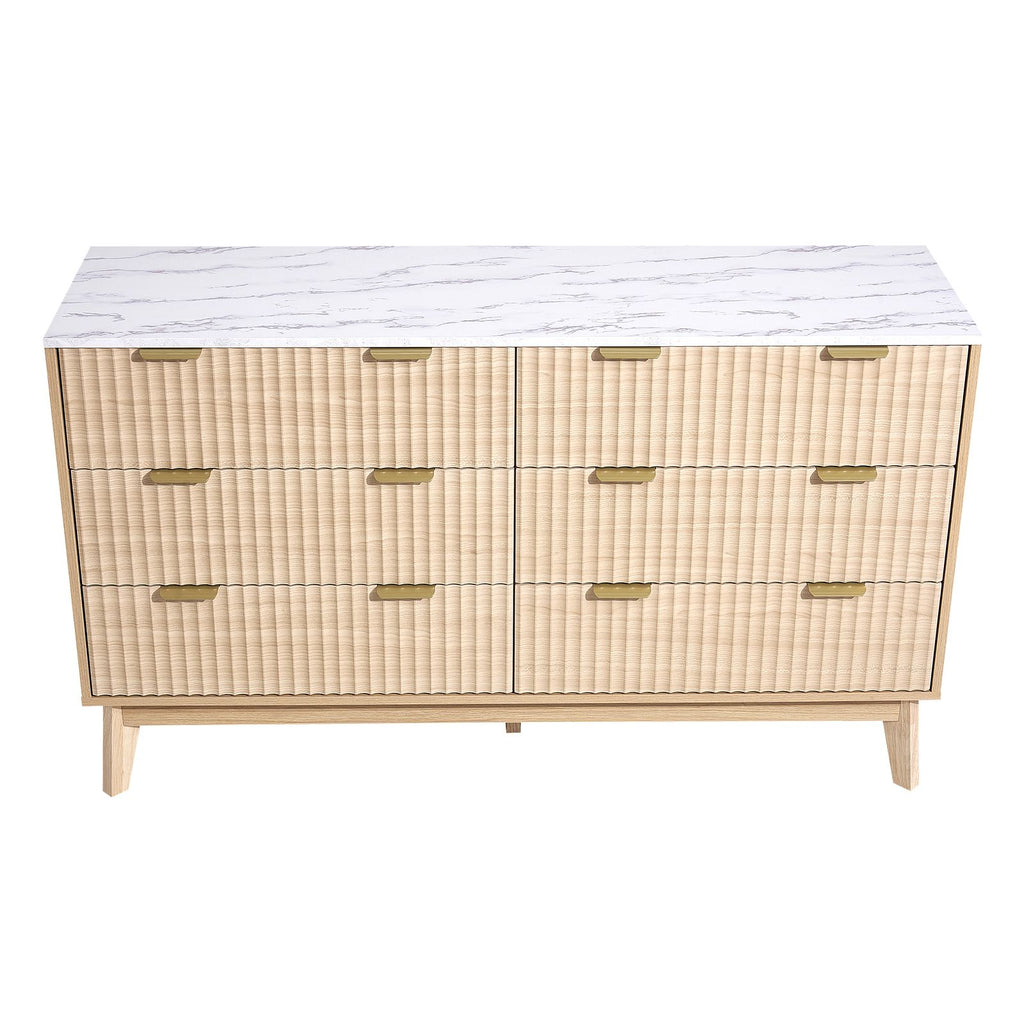 6 Fluted Drawer Dresser, Wooden Chest of Drawers with Sliding & Anti-tip Device, Modern Minimalist Dresser Chest, Fluted Closet Storage for Living Room, Hallway, Bedroom, Entryway, Light Wood