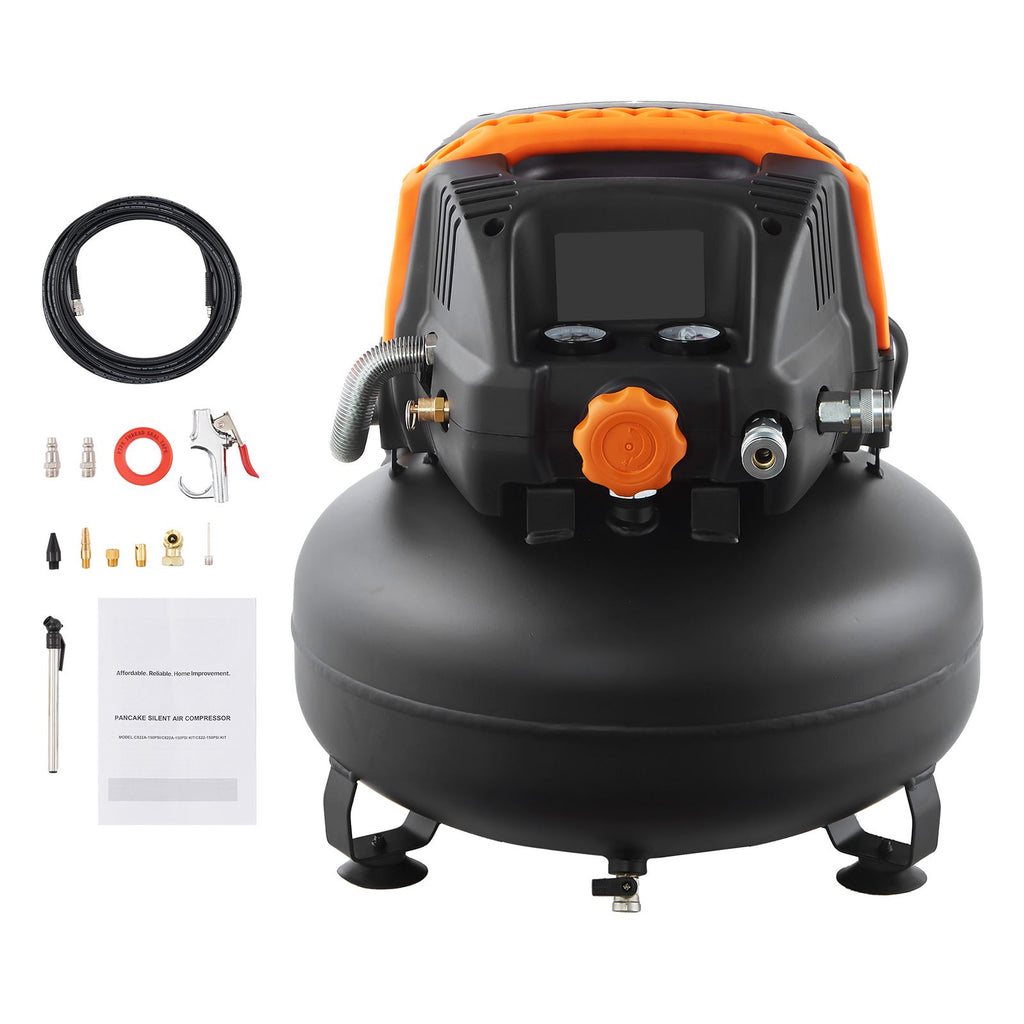 6 Gallon Air Compressor, 1.7HP 2.3CFM@90PSI Portable Pancake Air Compressor & 150PSI Max Pressure, 12-Piece Accessory Kit with 25FT Air Hose for Tire Inflation, Spray Painting, Woodwork Nailing