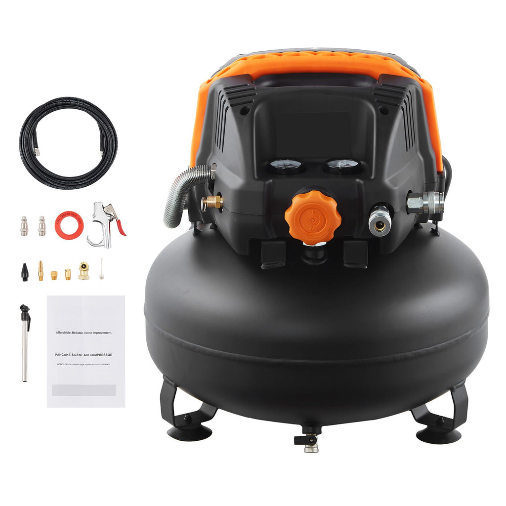 6 Gallon Air Compressor, 1.7HP 2.3CFM@90PSI Portable Pancake Air Compressor & 150PSI Max Pressure, 12-Piece Accessory Kit with 50FT Air Hose for Tire Inflation, Spray Painting, Woodwork Nailing