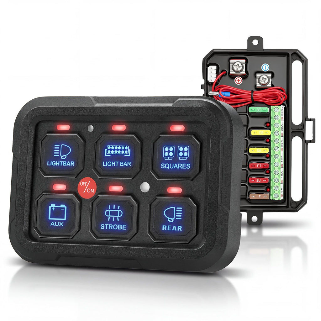6 Gang Switch Panel RGB Circuit Control Box Backlight Auto-Dimmable, for 12-24V Car Truck Boat ATV UTV SUV, Toggle Momentary Strobe 3 Mode, 1440W 60A, Multifunctional Relay System, Waterproof