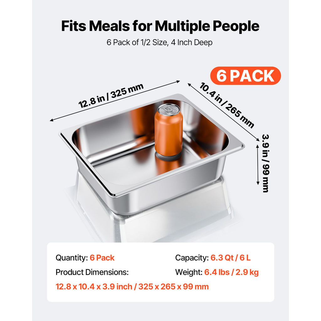 6 Pack Stainless Steam Hotel Pans, 1/2 Size Table Steam Pan, 4 Inch Deep Anti Jam Restaurant Supplies Reusable Rustproof Catering Storage for Home, Party, Restaurant, Hotel, Buffet