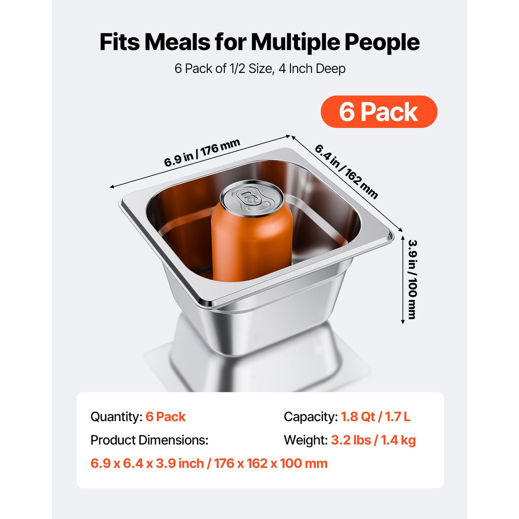 6 Pack Stainless Steam Hotel Pans, 1/6 Size Table Steam Pan, 4 Inch Deep, Anti Jam Restaurant Supplies Reusable Rustproof Catering Storage for Home, Party, Restaurant, Hotel, Buffet image 2