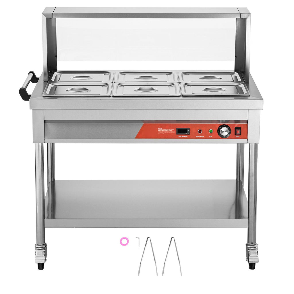 6-Pan Commercial Food Warmer, 6 x 1/2 Pans Electric Steam Table, 1500W Professional Buffet Catering Food Warmer with Shield Undershelf Wheels, Stainless Steel Server for Party Restaurant