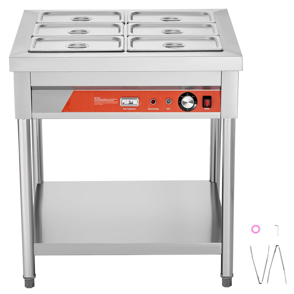 6-Pan Commercial Food Warmer, 6 x 1/3 Pans Electric Steam Table, 1500W Professional Buffet Catering Food Warmer with Undershelf, Stainless Steel Server for Restaurant Party Hotel