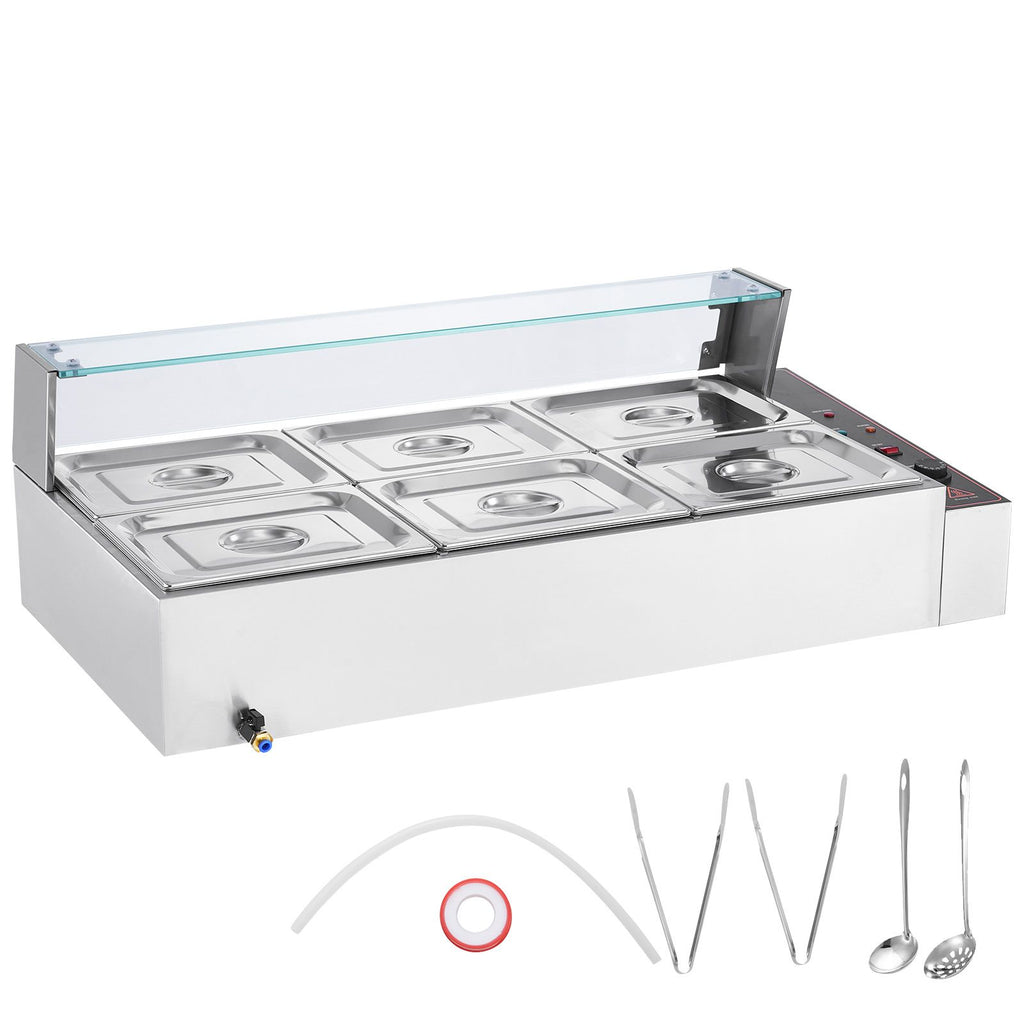 6-Pan Commercial Food Warmer, 6 x 8QT Electric Steam Table with Glass Cover, 1500W Countertop Stainless Steel Buffet Bain Marie 86-185 Fahrenheit Temp Control for Catering, Restaurants, Silver