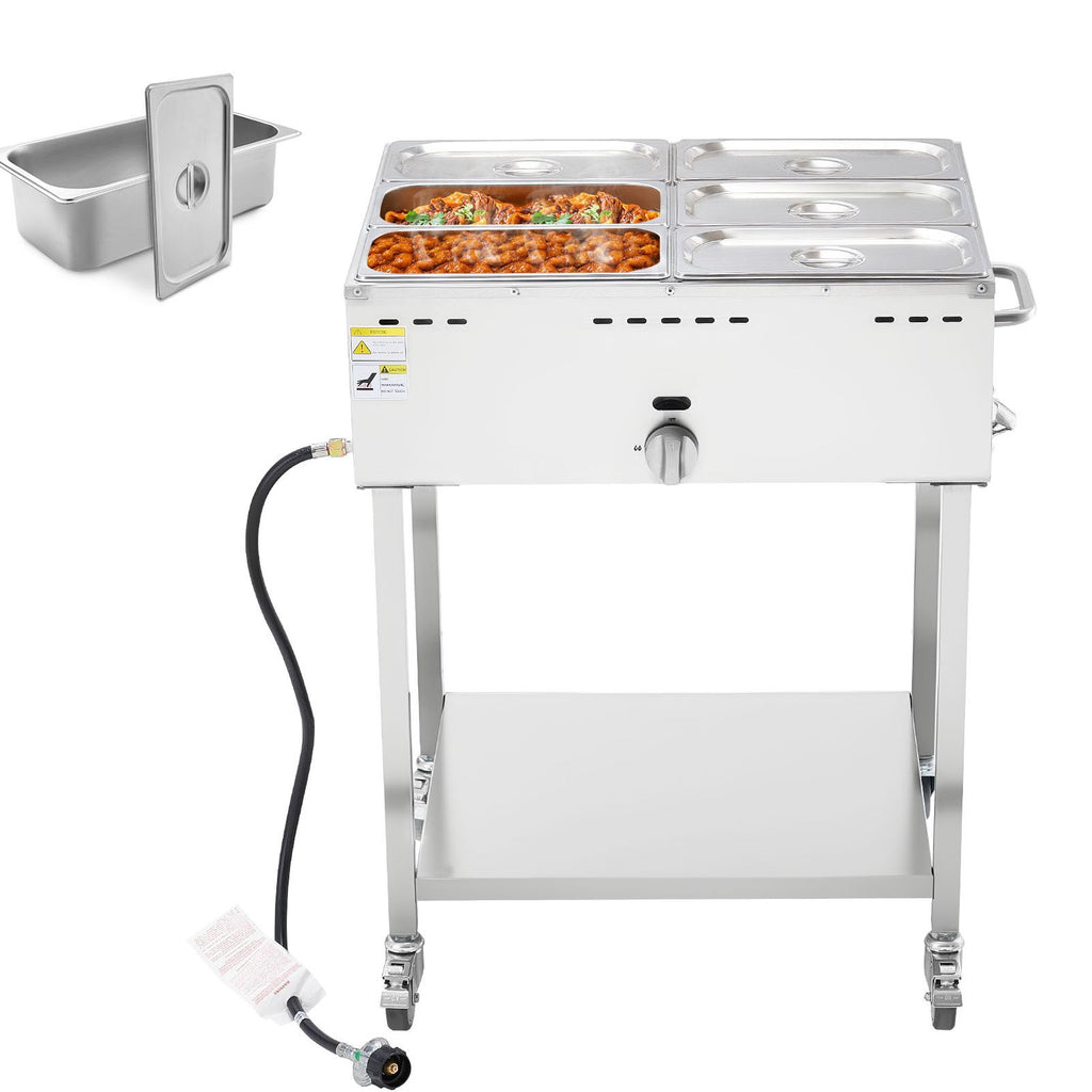 6-Pan Commercial Propane Steam Table, LP Gas Outdoor Soup Warmer with Drain Valve and 3" Wheels, Stainless Steel Propane Food Warmer with Adjustable Temperature, for Restaurant Outdoor Camping