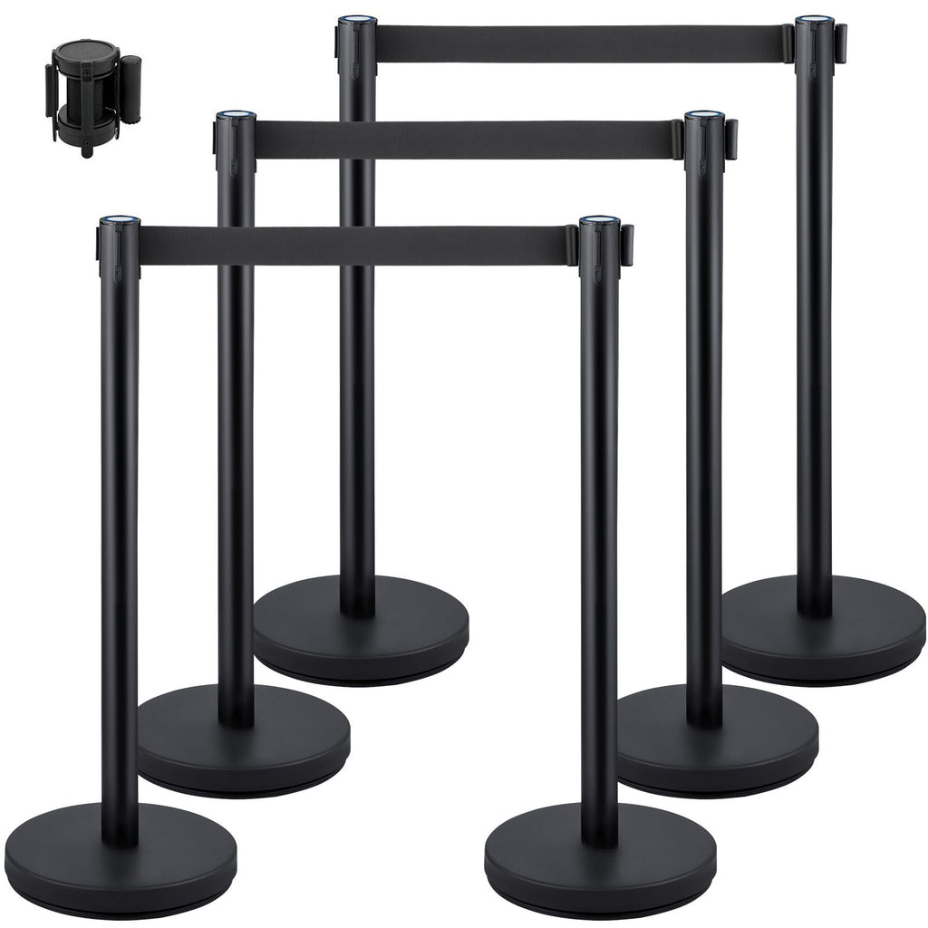 6 PCS Black Stanchion Posts Stainless Steel Stanchion Queue Post Black Belt Retractable 36In for Both Indoor and Outdoor use.
