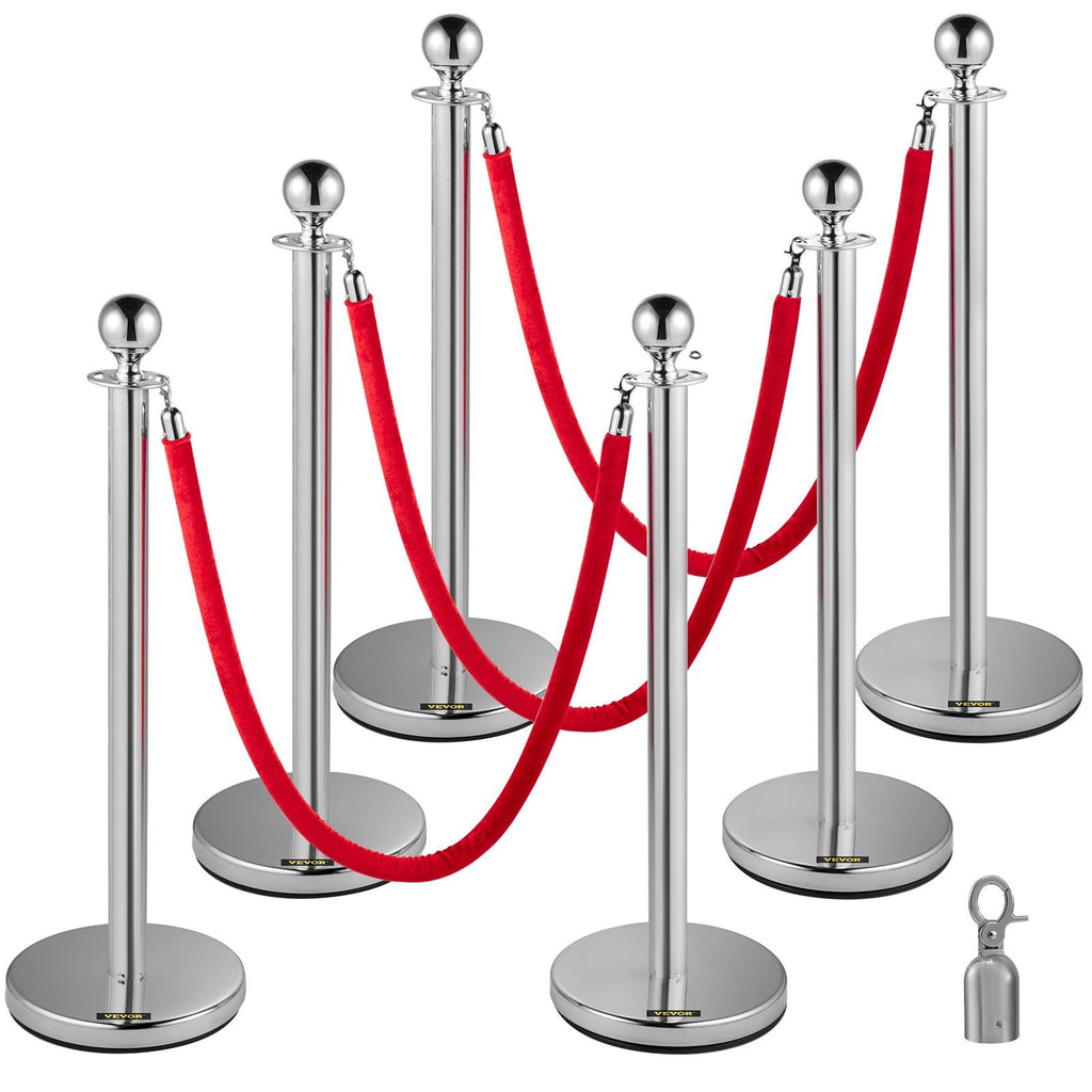 6 PCS Crowd Control Stanchion, Silver Stanchions Posts Stainless Steel Stanchion Queue Post Red Rope Retractable 38In for Both Indoor and Outdoor use.
