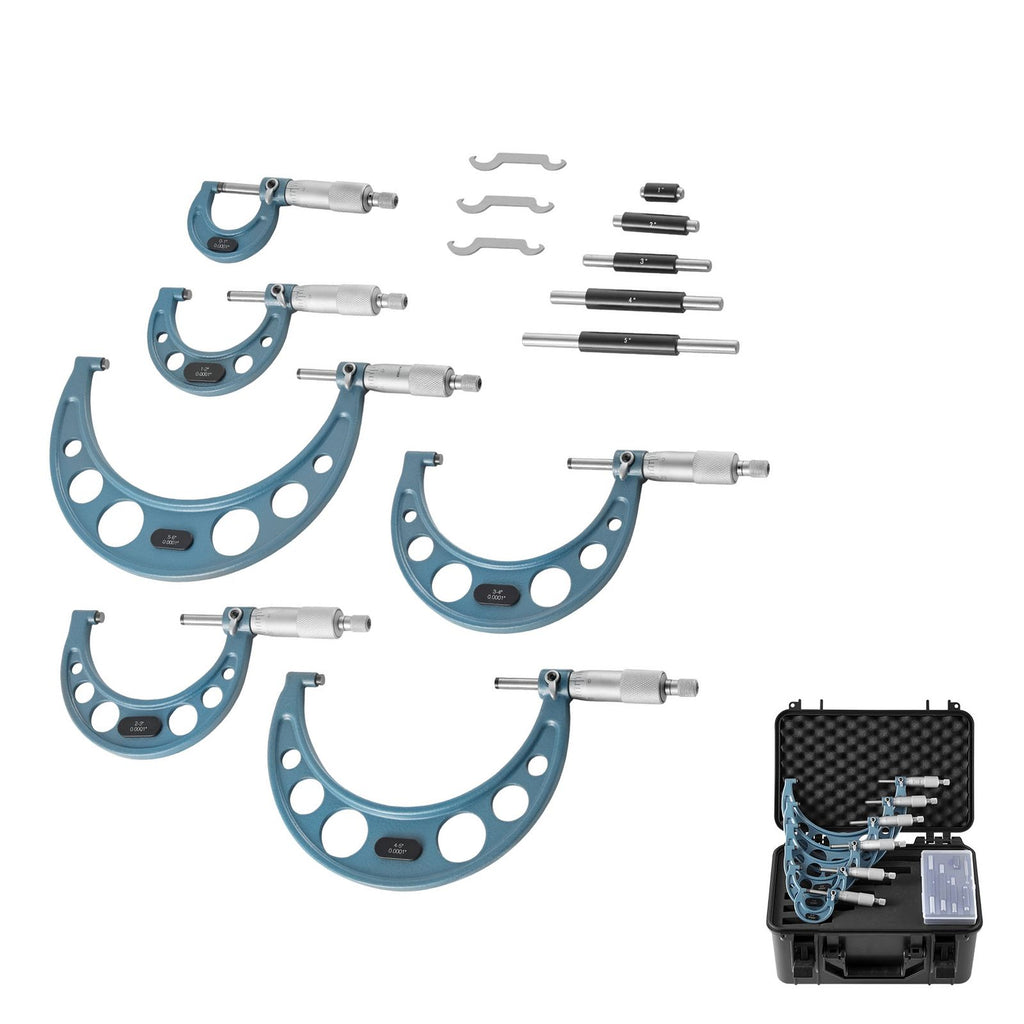 6 PCS Micrometer Set, 0-1"/1-2"/2-3"/3-4"/4-5"/5-6" Machinist Outside Micrometer, Precision 0.0001 Accuracy, Professional Machinist Tools with Protective Case, for Metalworking & Engineering