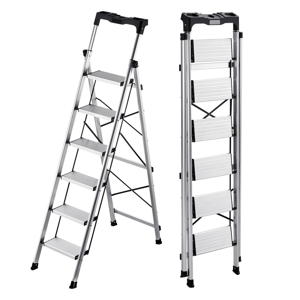 6 Step Ladder, Folding Step Stool with Wide Anti-Slip Pedal and Comfort Handgrip, 330 lbs Capacity Portable Aluminum Stepladder, Multi-Use for Kitchen, Warehouse, Household and Office, Silver