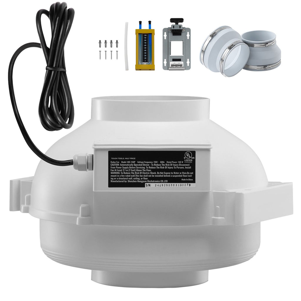 6 to 4.5 inch Radon Fan Installation Kit, Quiet 380CFM Radon Mitigation Fan System Kit with 2 Couplers, Pressure Indicator, Waterproof Inline Duct Fan Exhaust Fan for Indoor Outdoor Ventilation